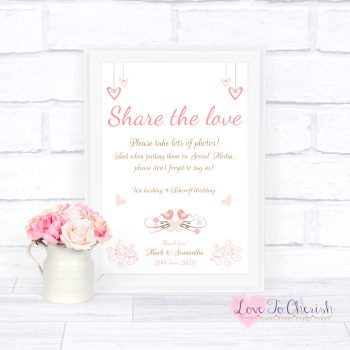 Shabby Chic Hanging Hearts & Love Birds - Share The Love - Photo Sharing - Wedding Sign
