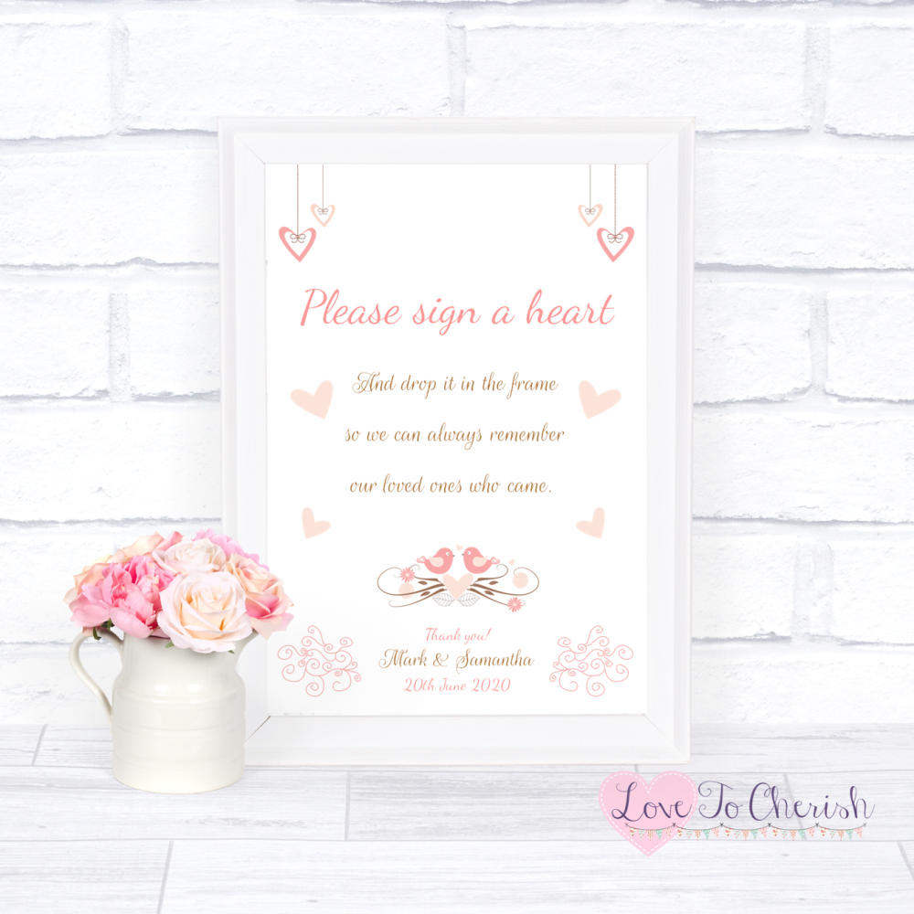 Sign A Heart Wedding Sign - Shabby Chic Hanging Hearts & Love Birds | Love 