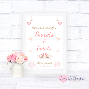 Shabby Chic Hanging Hearts & Love Birds - Sweets & Treats - Candy Table Wedding Sign