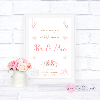 Shabby Chic Hanging Hearts & Love Birds - Wishes for the Mr & Mrs - Wedding Sign