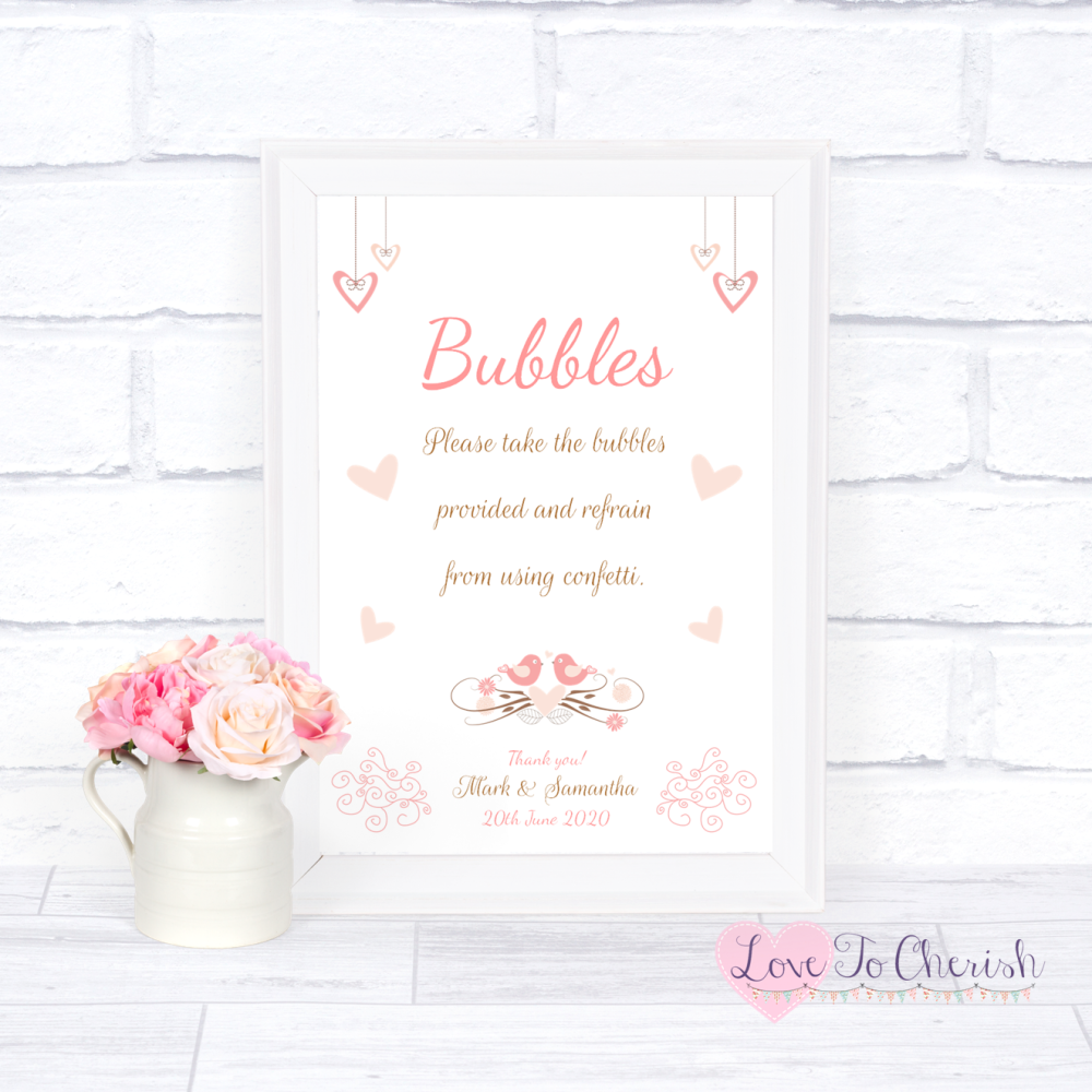 Bubbles Wedding Sign - Shabby Chic Hanging Hearts & Love Birds | Love To Ch