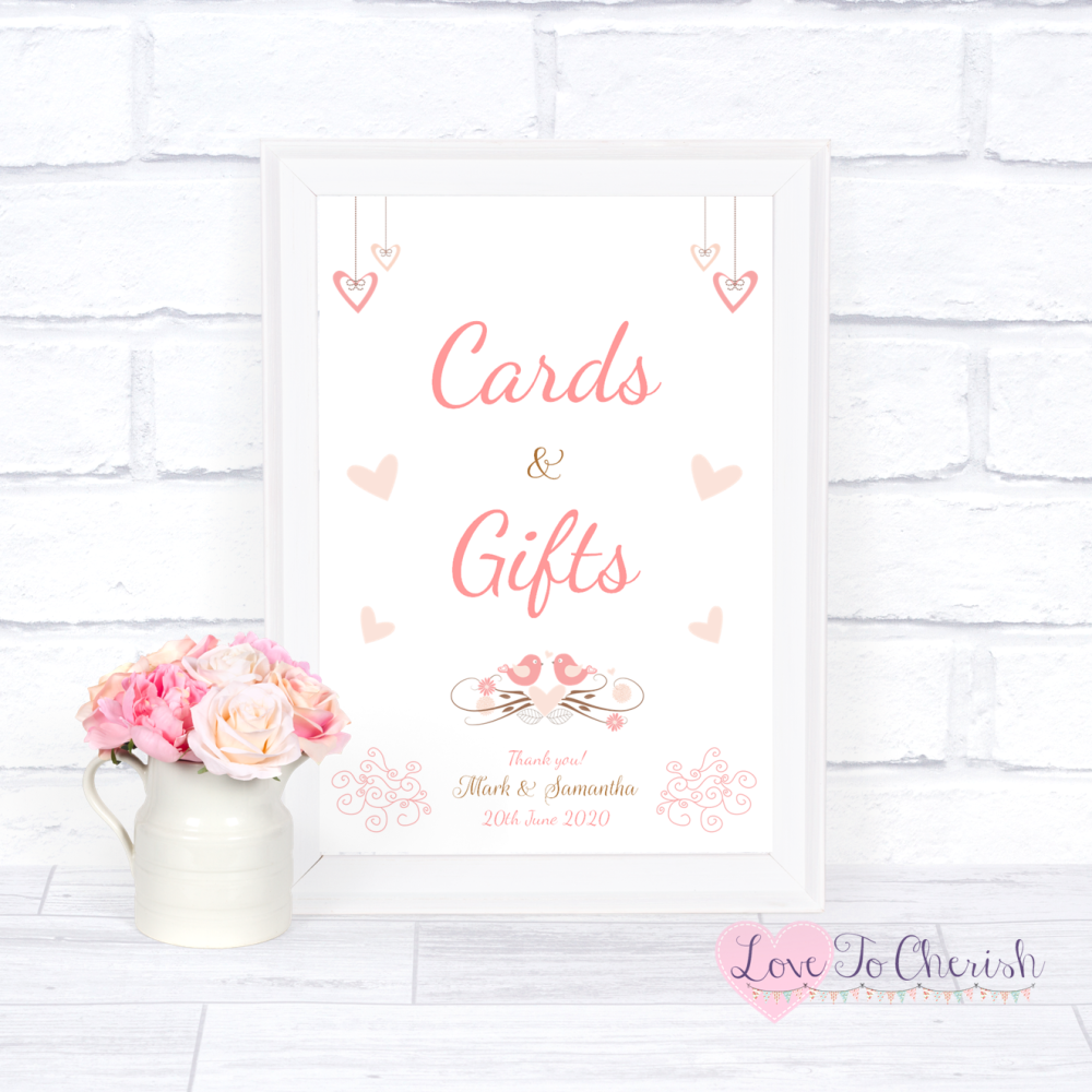 Cards & Gifts Wedding Sign - Shabby Chic Hanging Hearts & Love Birds | Love