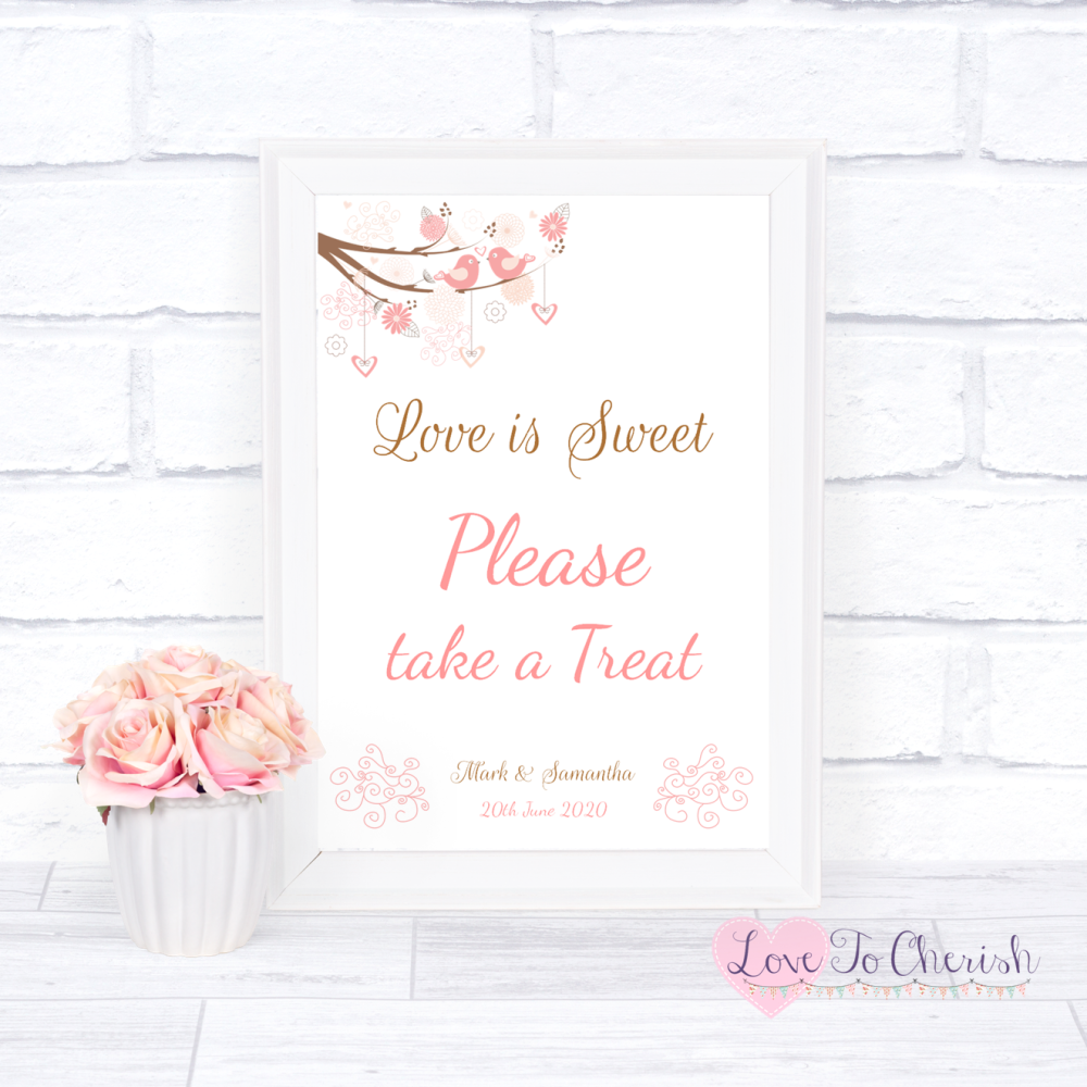 Love Is Sweet / Candy Table Wedding Sign - Shabby Chic Hearts & Love Birds 