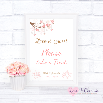 Shabby Chic Hearts & Love Birds in Tree - Love Is Sweet - Wedding Sign