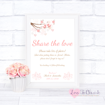 Shabby Chic Hearts & Love Birds in Tree - Share The Love - Photo Sharing - Wedding Sign