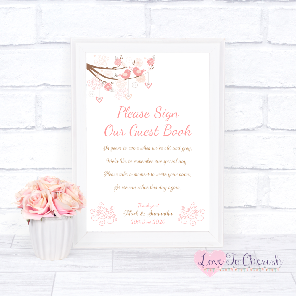 Sign Our Guest Book Wedding Sign - Shabby Chic Hearts & Love Birds in Tree 