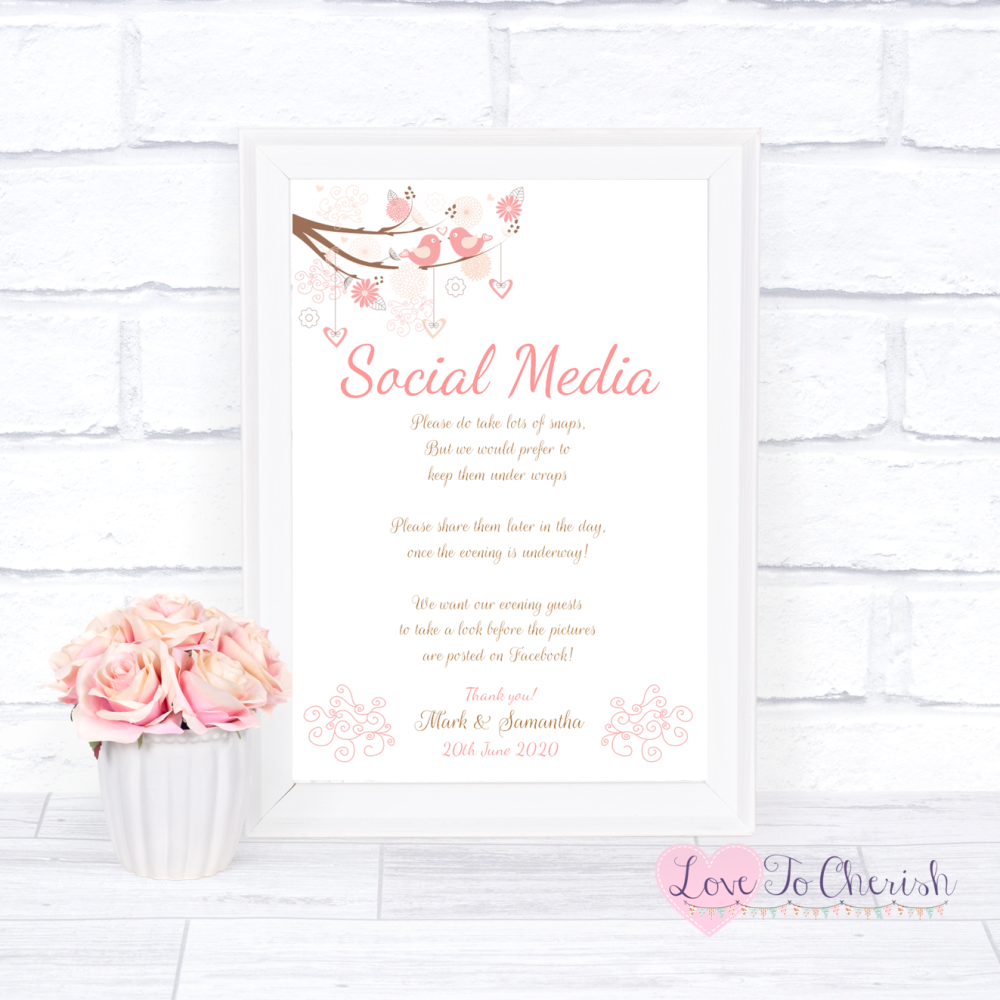 Social Media Wedding Sign - Shabby Chic Hearts & Love Birds in Tree | Love 