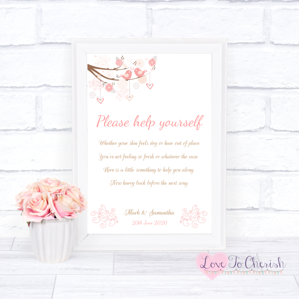 Toiletries/Bathroom Refresh Wedding Sign - Shabby Chic Hearts & Love Birds 