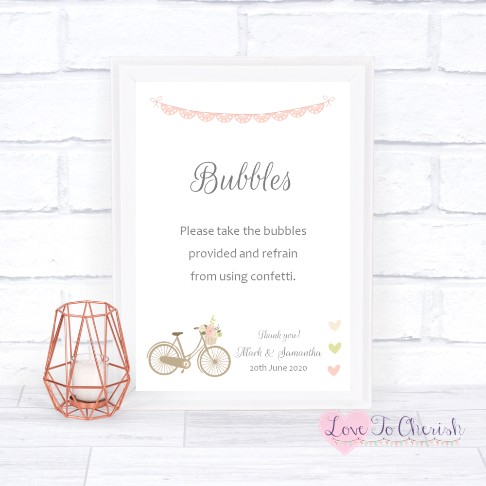 Bubbles Wedding Sign - Vintage Bike/Bicycle Shabby Chic Pink Lace Bunting |
