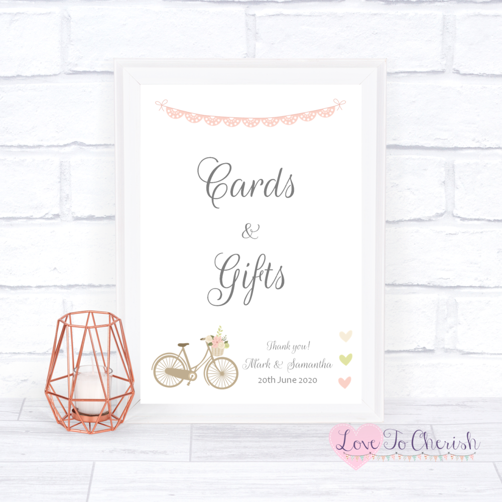 Cards & Gifts Wedding Sign - Vintage Bike/Bicycle Shabby Chic Pink Lace Bun