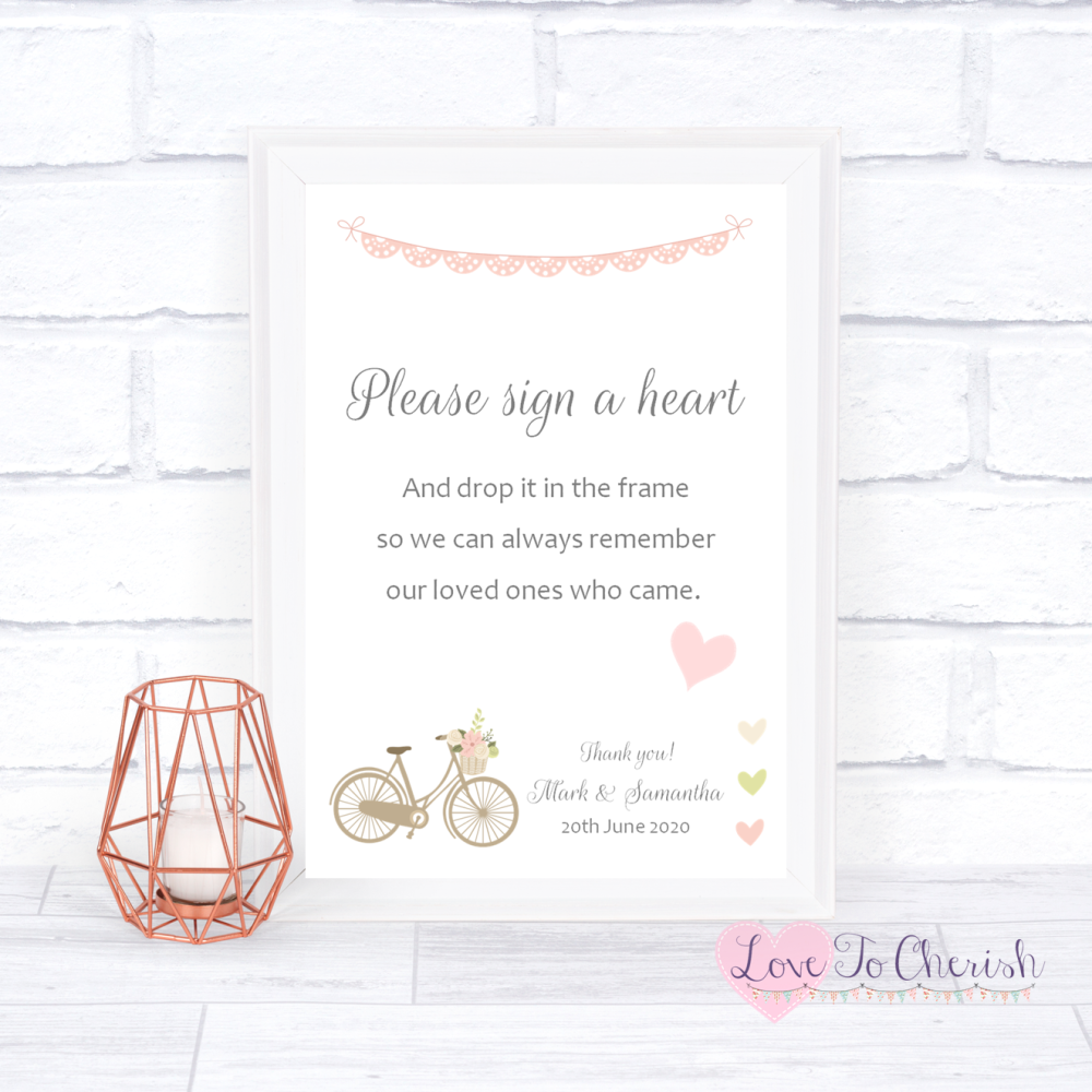 Sign A Heart Wedding Sign - Vintage Bike/Bicycle Shabby Chic Pink Lace Bunt