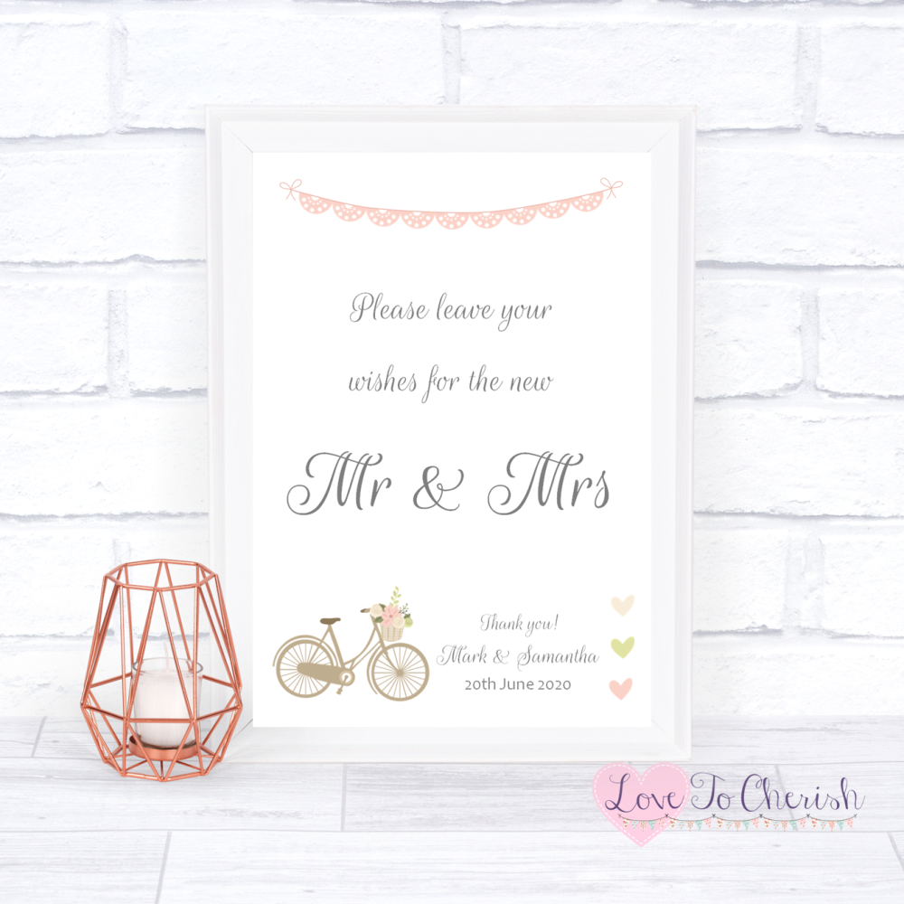 Wishes for the Mr & Mrs Wedding Sign - Vintage Bike/Bicycle Shabby Chic Pin