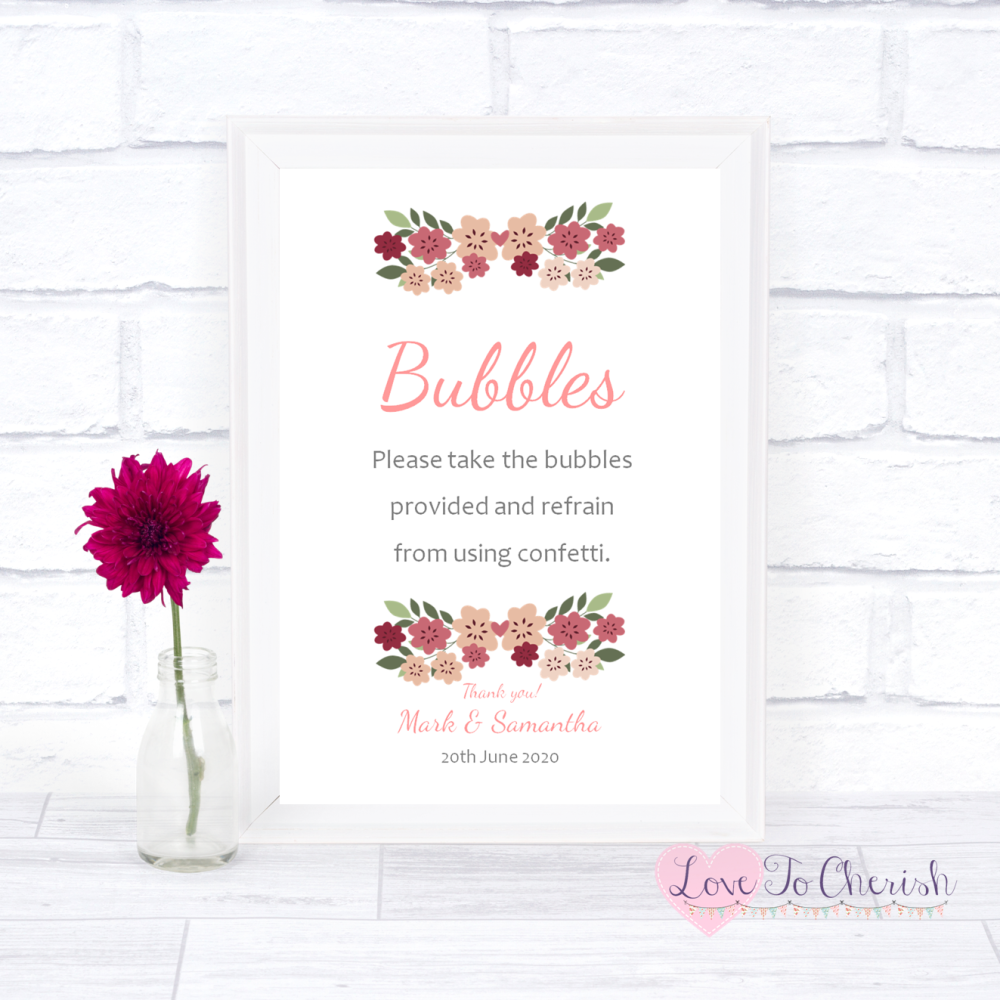 Bubbles Wedding Sign - Vintage Floral/Shabby Chic Flowers | Love To Cherish