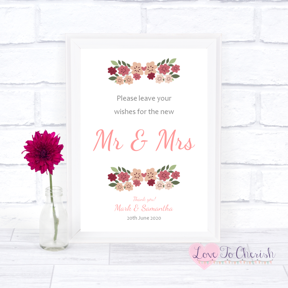 Wishes for the Mr & Mrs Wedding Sign - Vintage Floral/Shabby Chic Flowers |
