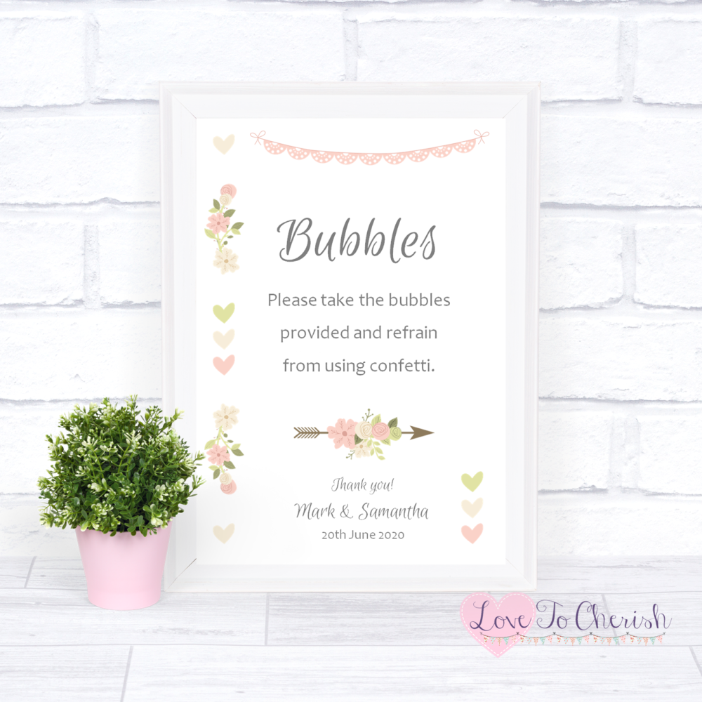 Bubbles Wedding Sign - Vintage Flowers & Hearts | Love To Cherish