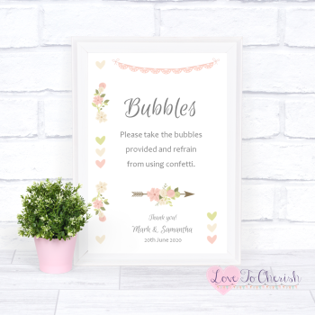 Vintage Flowers & Hearts - Bubbles - Wedding Sign