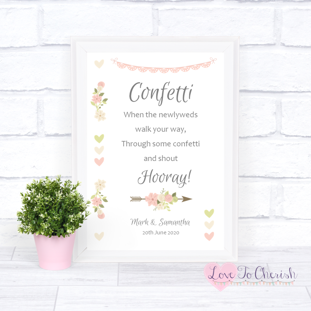Shabby Chic Floral Confetti Personalised Wedding Sign 