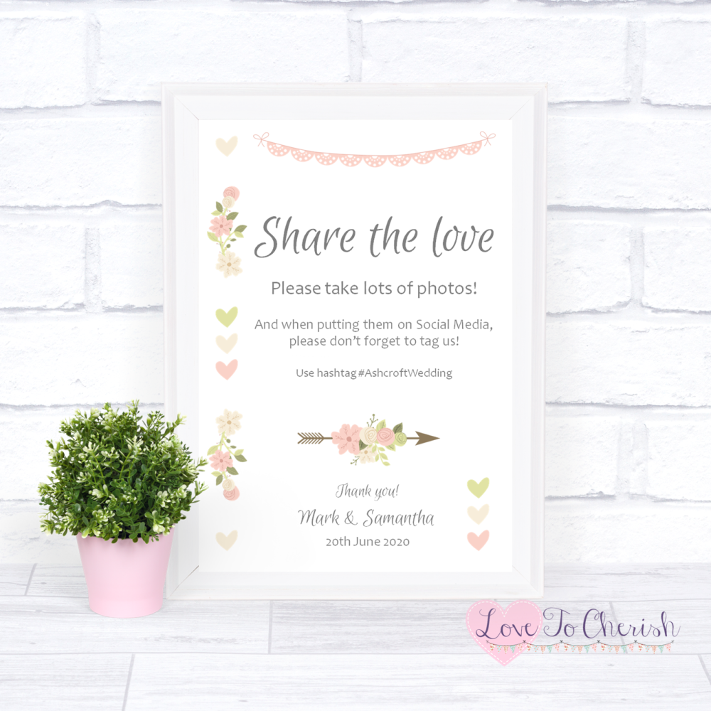 Share The Love Photo Sharing Wedding Sign - Vintage Flowers & Hearts | Love