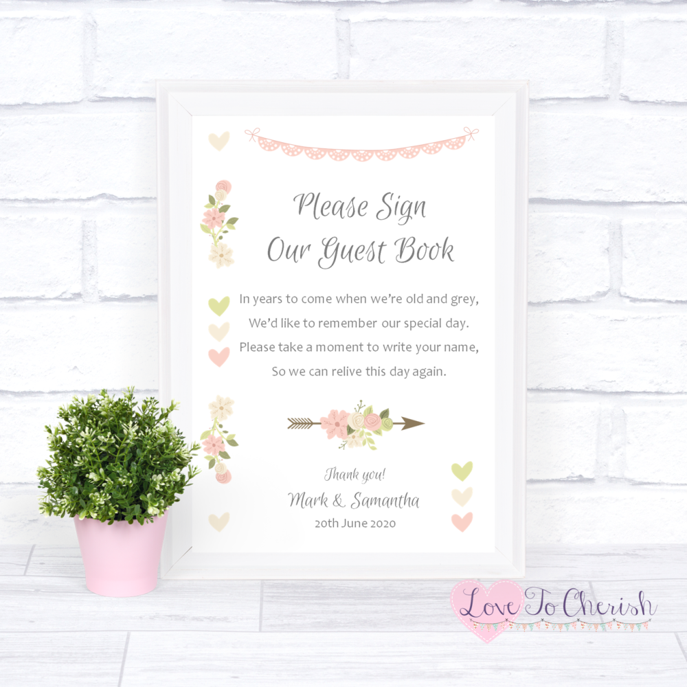 Sign Our Guest Book Wedding Sign - Vintage Flowers & Hearts | Love To Cheri