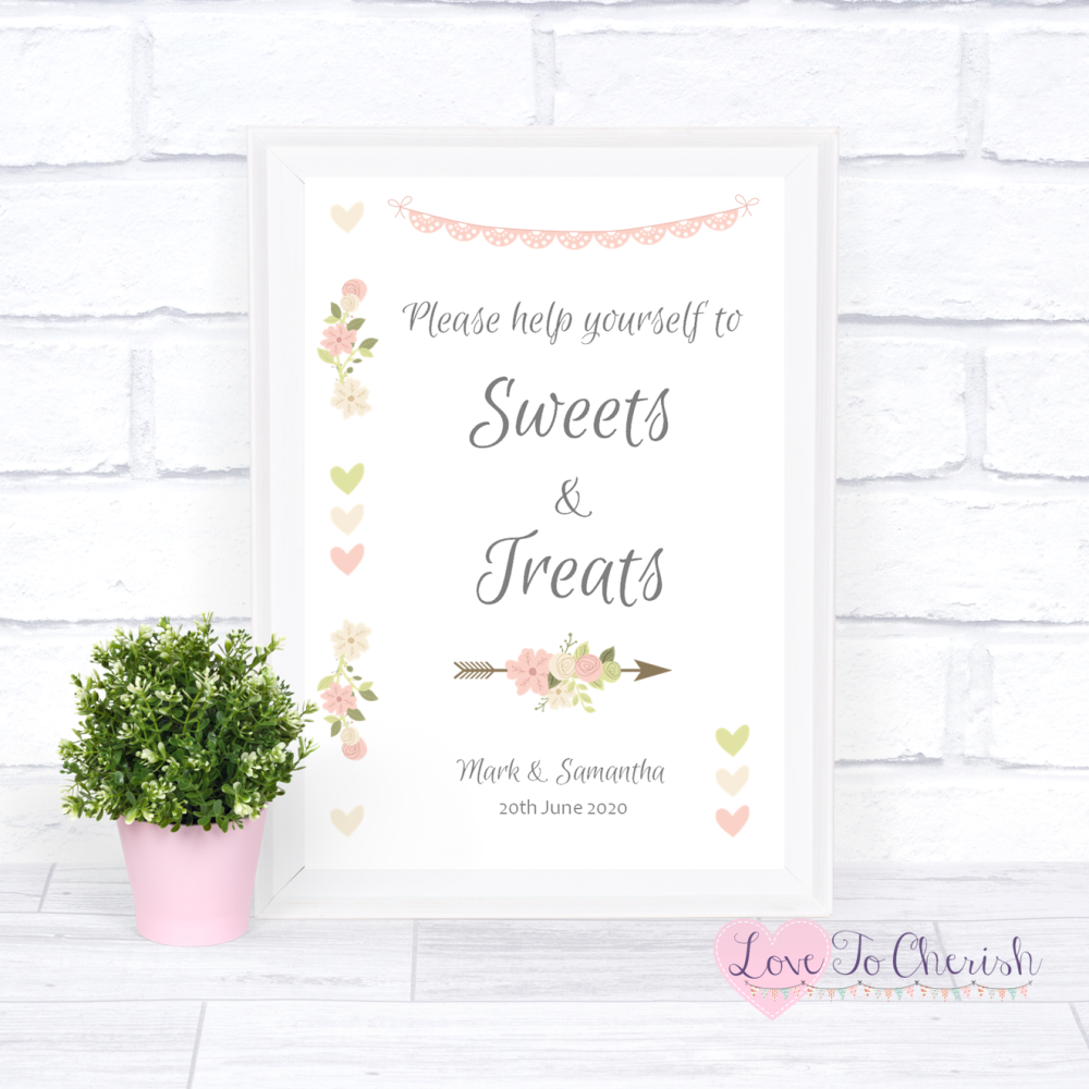 Sweets & Treats / Candy Table Wedding Sign - Vintage Flowers & Hearts | Lov