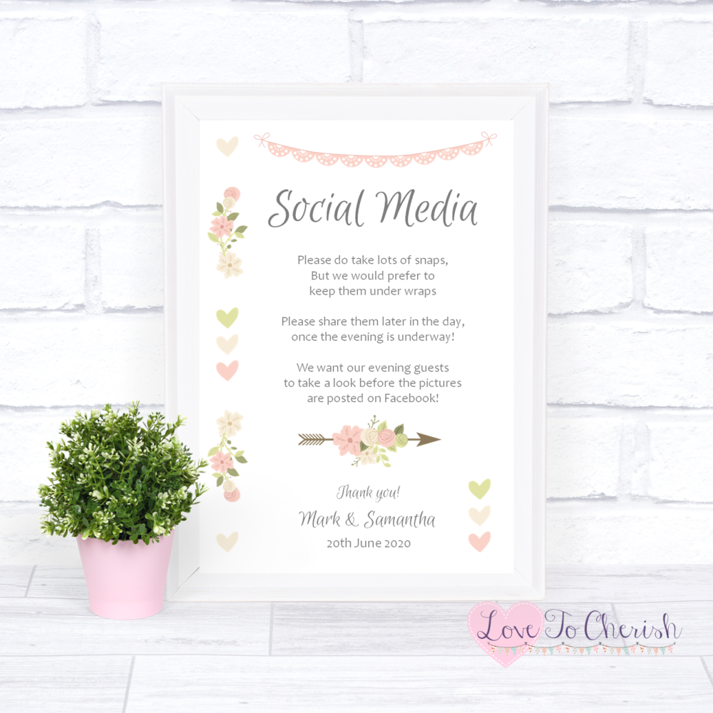 Social Media Wedding Sign - Vintage Flowers & Hearts | Love To Cherish