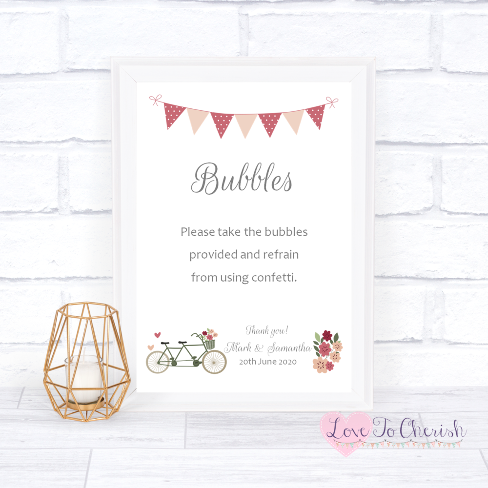 Bubbles Wedding Sign - Vintage Tandem Bike/Bicycle Shabby Chic | Love To Ch