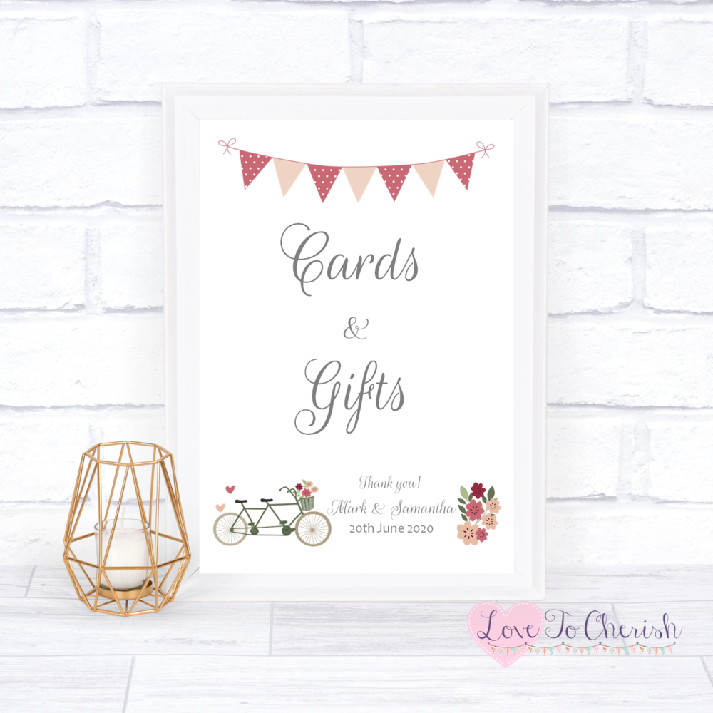 Cards & Gifts Wedding Sign - Vintage Tandem Bike/Bicycle Shabby Chic | Love