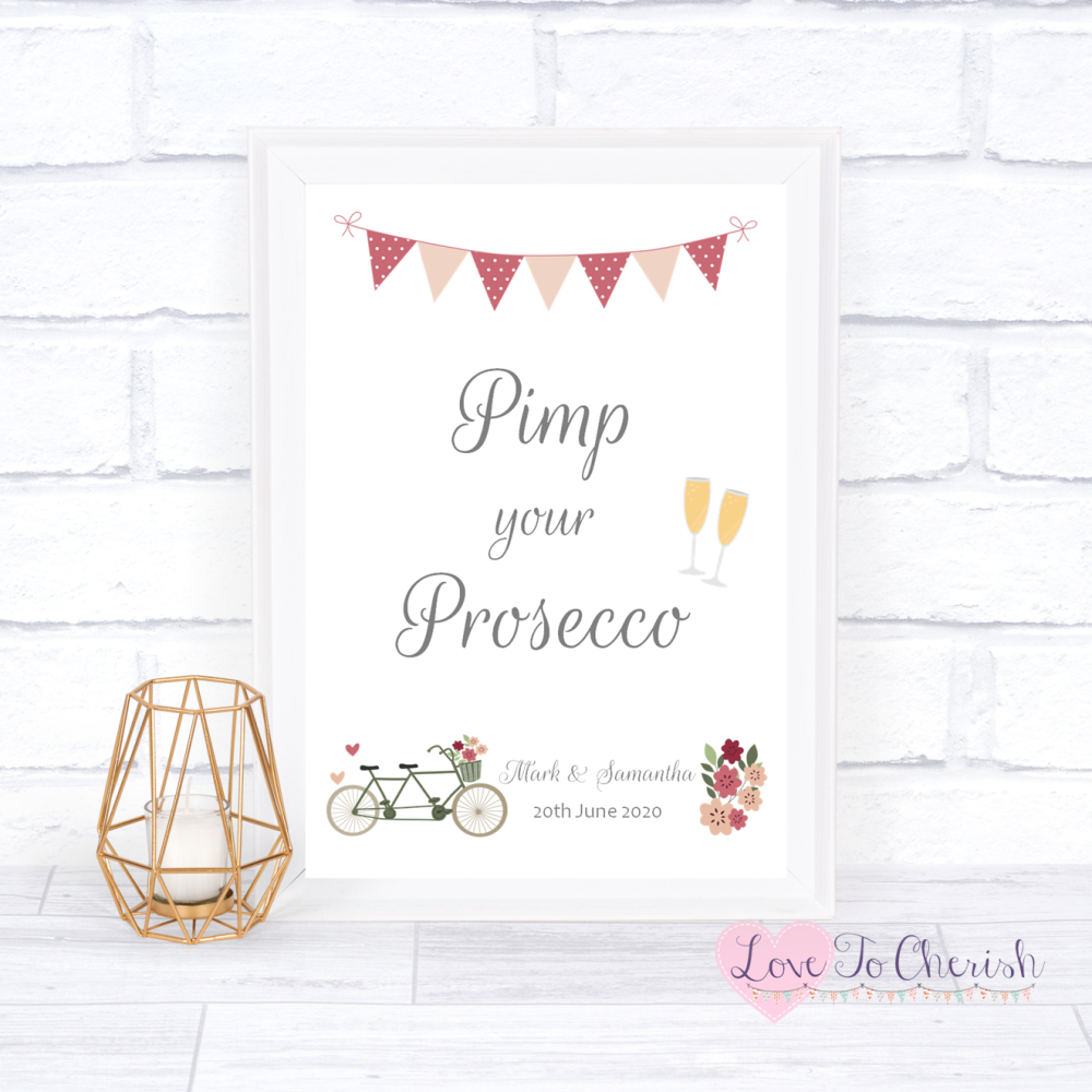 Pimp Your Prosecco Wedding Sign - Vintage Tandem Bike/Bicycle Shabby Chic |