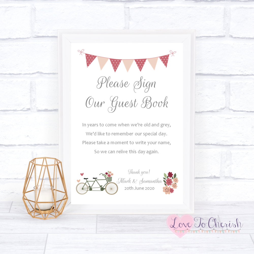 Sign Our Guest Book Wedding Sign - Vintage Tandem Bike/Bicycle Shabby Chic 