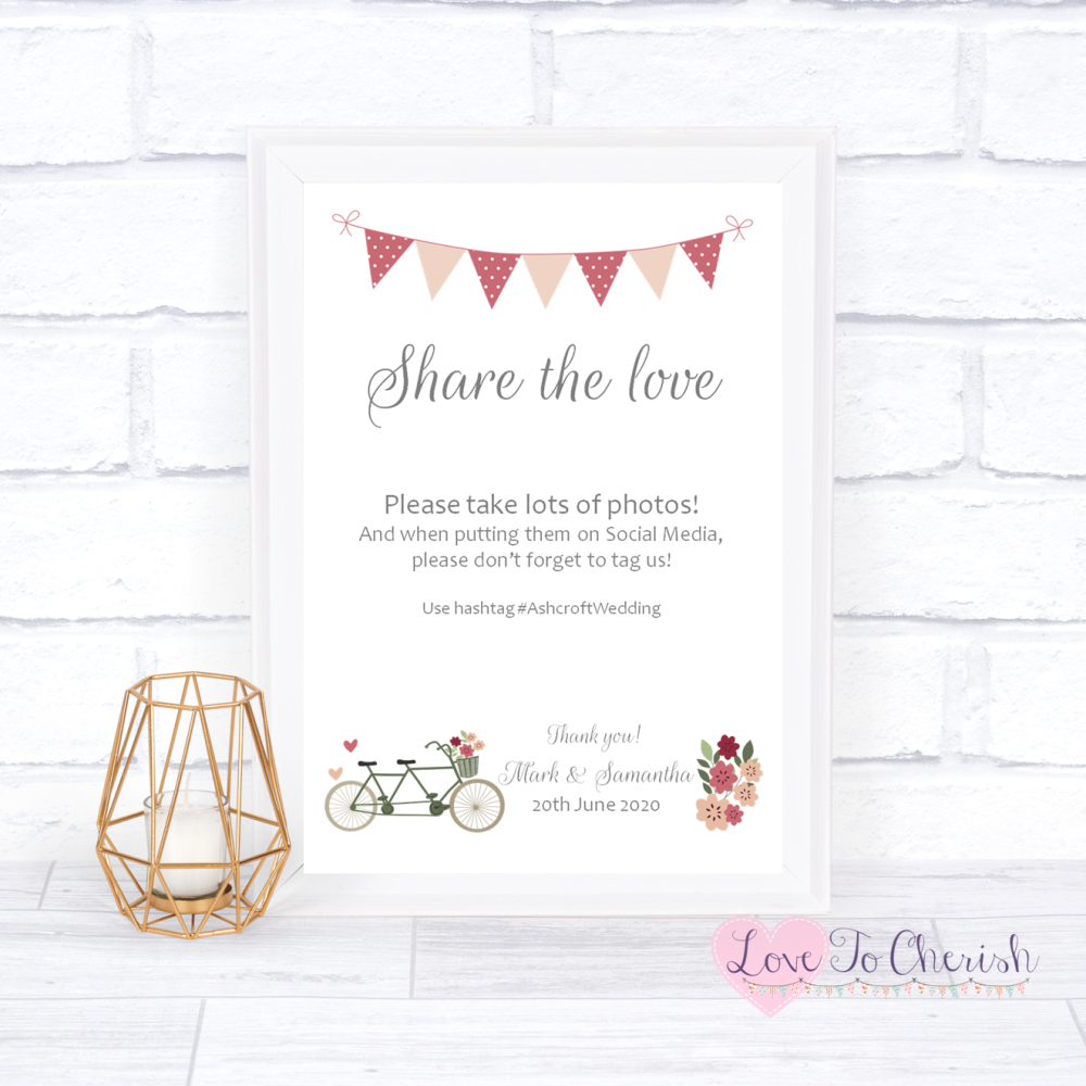 Share The Love / Photo Sharing Wedding Sign - Vintage Tandem Bike/Bicycle S