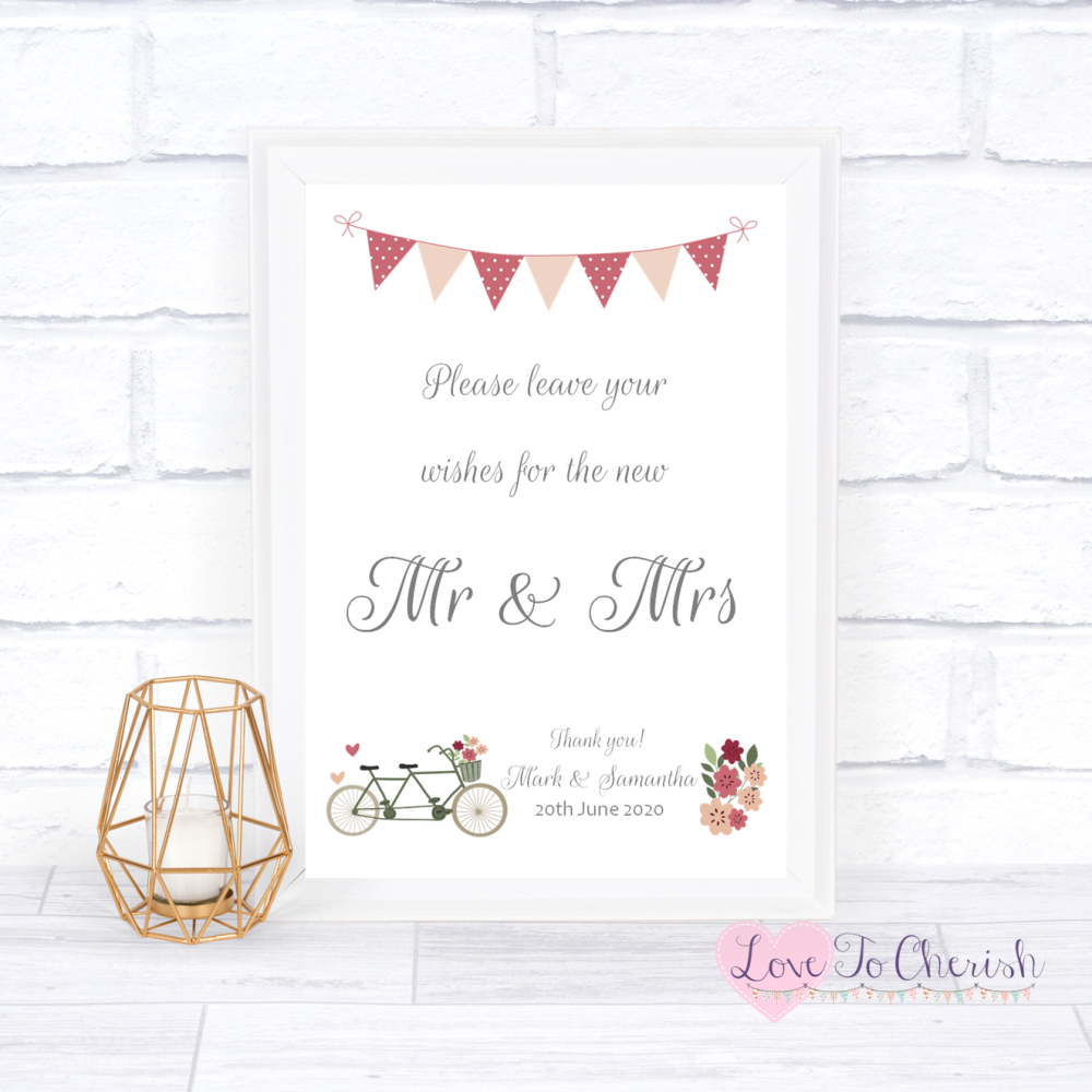 Wishes for the Mr & Mrs Wedding Sign - Vintage Tandem Bike/Bicycle Shabby C