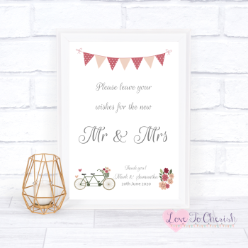 Vintage Tandem Bike/Bicycle Shabby Chic - Wishes for the Mr & Mrs - Wedding Sign