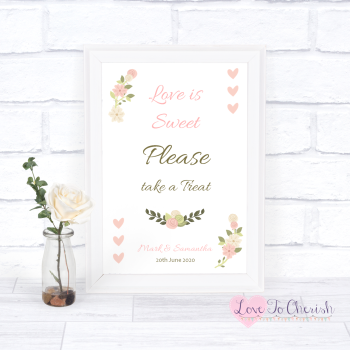 Vintage/Shabby Chic Flowers & Pink Hearts - Love Is Sweet - Wedding Sign