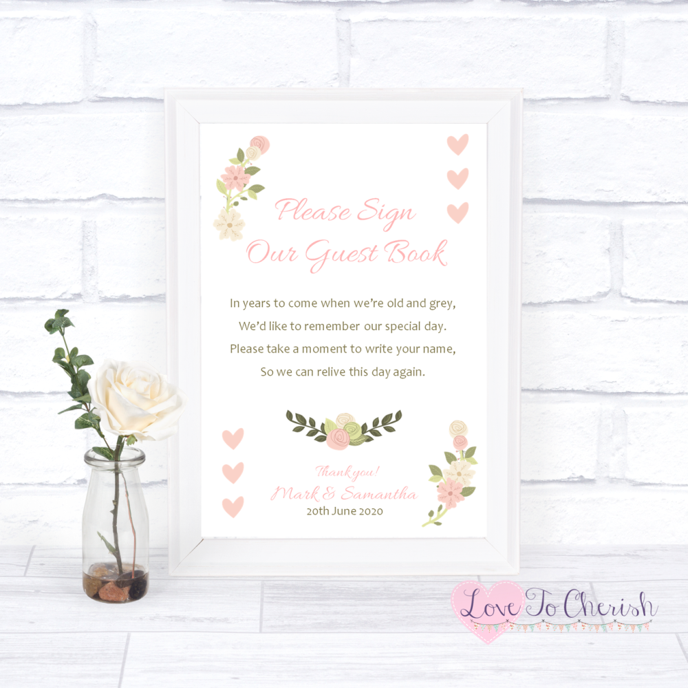 Sign Our Guest Book Wedding Sign - Vintage/Shabby Chic Flowers & Pink Heart