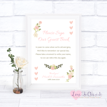Vintage/Shabby Chic Flowers & Pink Hearts - Sign Our Guest Book - Wedding Sign