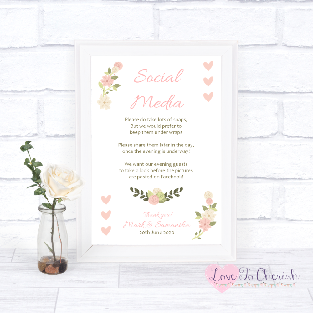 Social Media Wedding Sign - Vintage/Shabby Chic Flowers & Pink Hearts | Lov