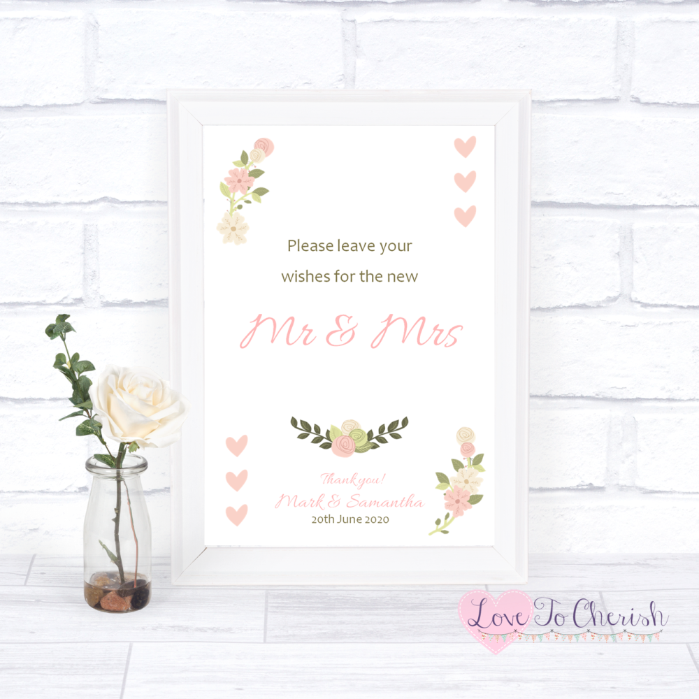 Wishes for the Mr & Mrs Wedding Sign - Vintage/Shabby Chic Flowers & Pink H