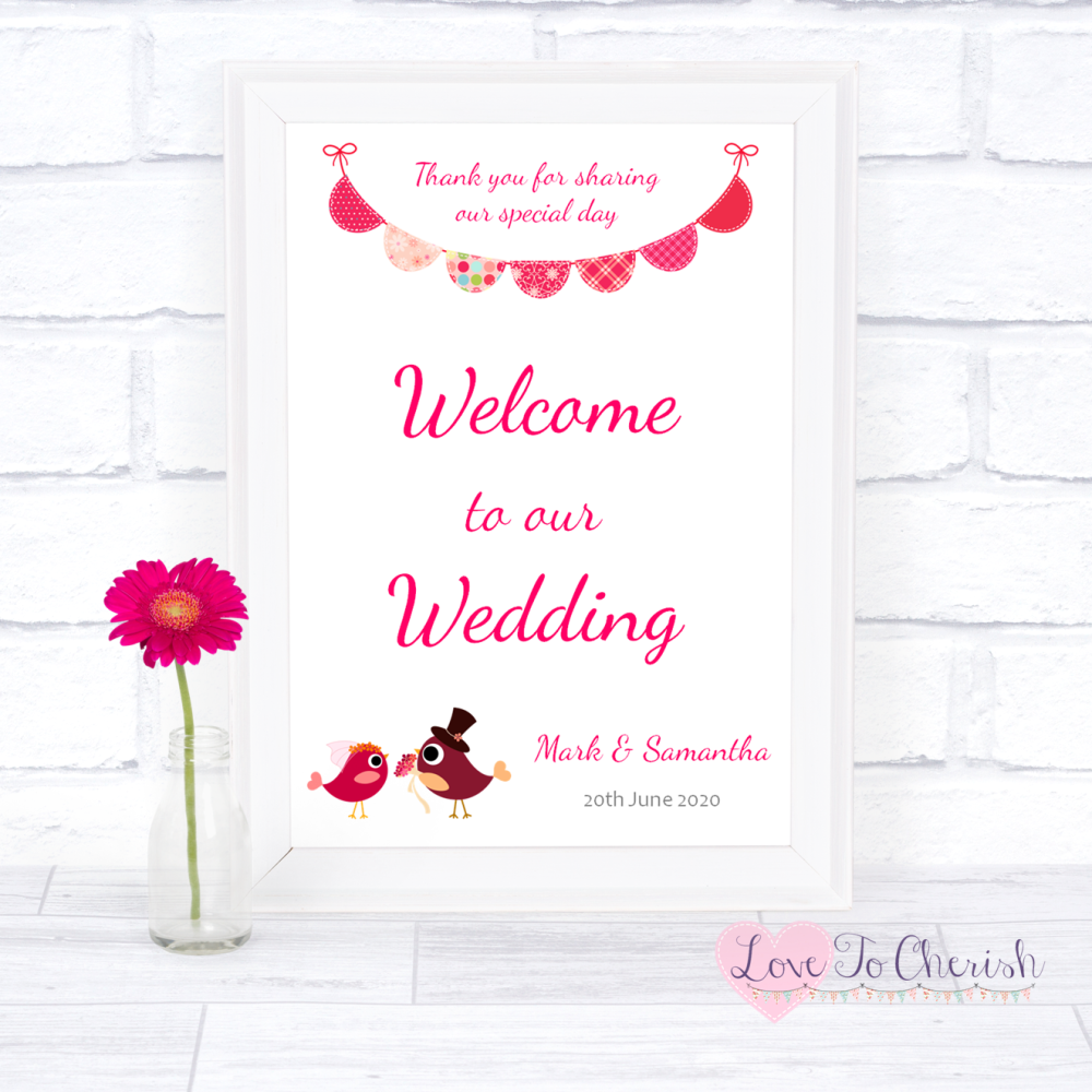 Welcome To Our Wedding Sign - Bride & Groom Cute Love Birds Dark Pink | Lov