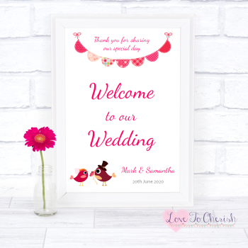 Bride & Groom Cute Love Birds Dark Pink - Welcome To Our Wedding Sign