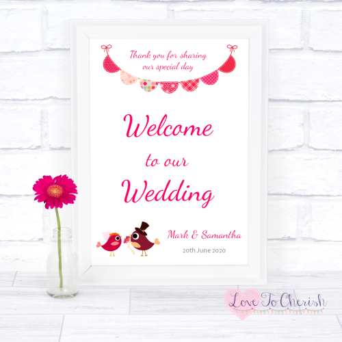 Welcome To Our Wedding Sign Bride Groom Cute Love Birds Dark