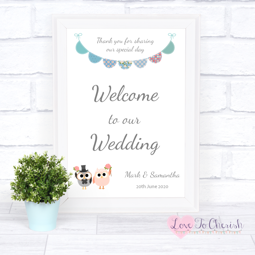Welcome To Our Wedding Sign - Bride & Groom Cute Owls & Bunting Green/Blue 