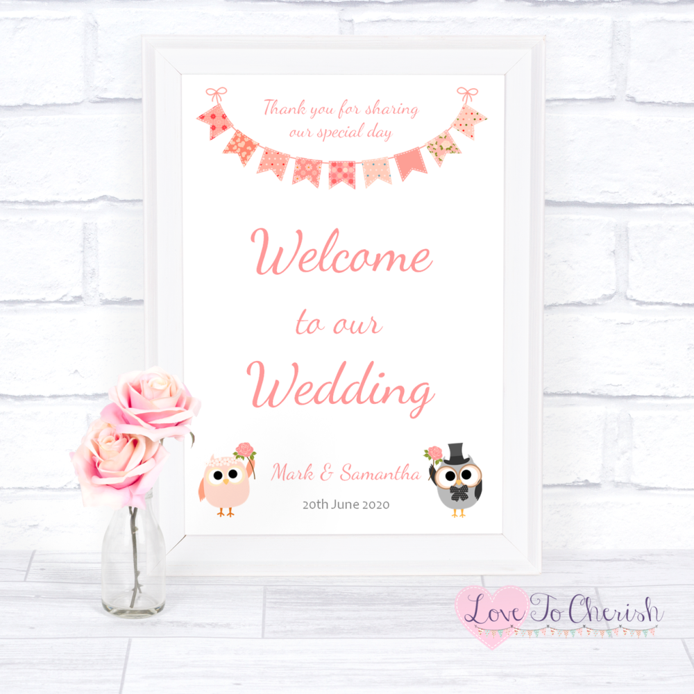 Welcome To Our Wedding Sign - Bride & Groom Cute Owls & Bunting Peach | Lov