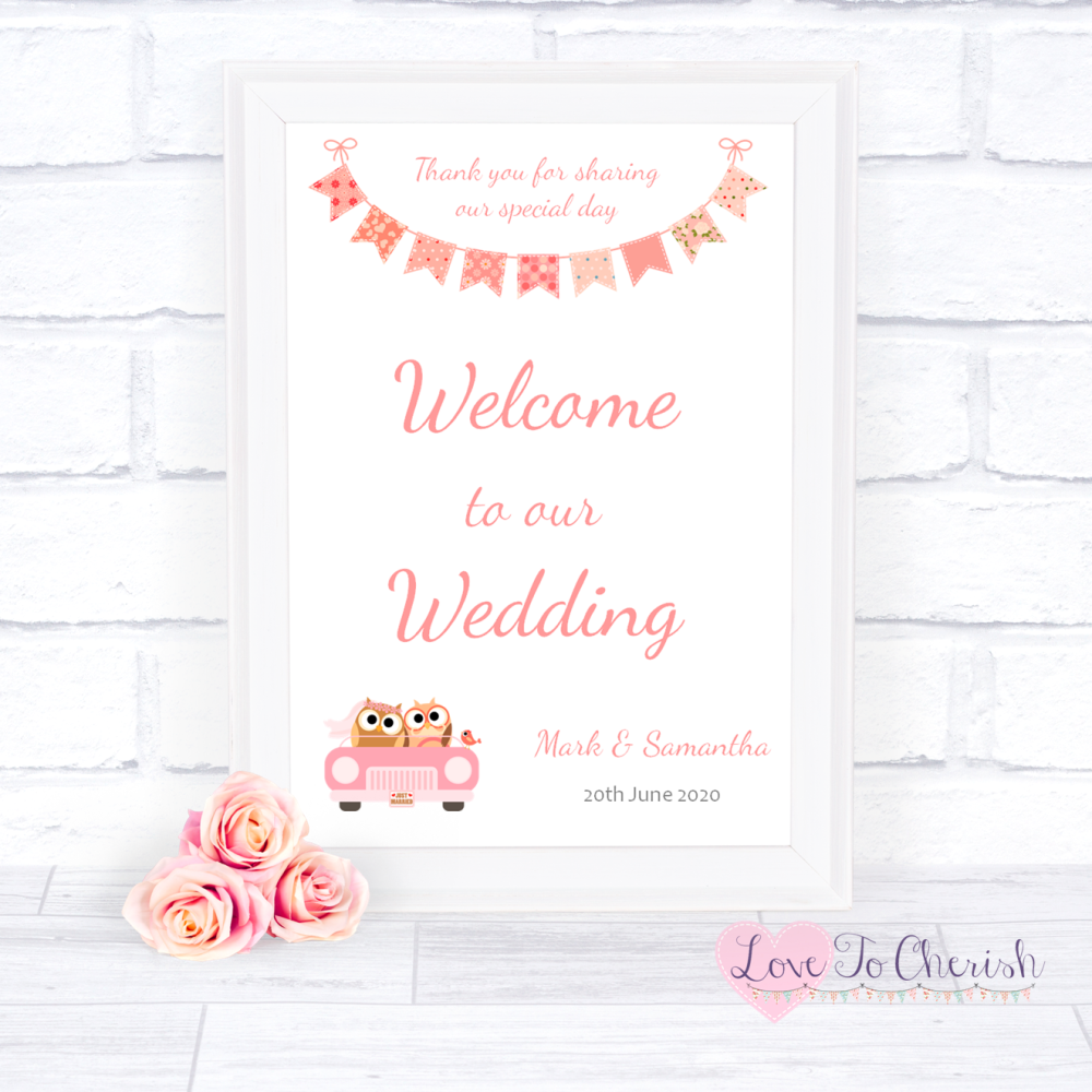 Welcome To Our Wedding Sign - Bride & Groom Cute Owls in Car Peach | Love T