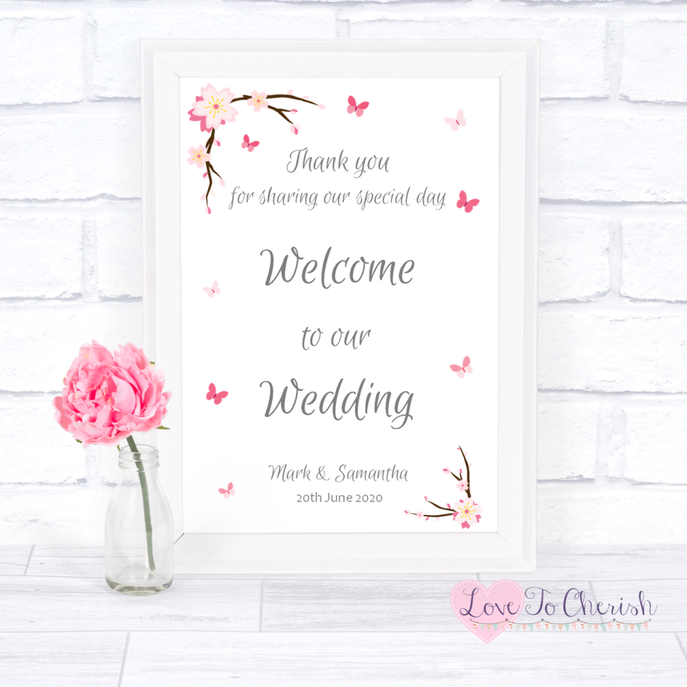 Welcome To Our Wedding Sign - Cherry Blossom & Butterflies | Love To Cheris