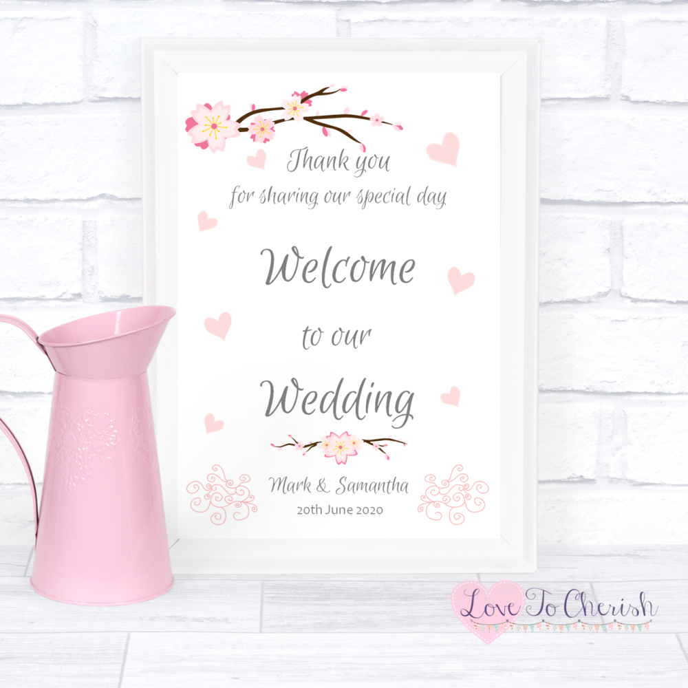 Welcome To Our Wedding Sign - Cherry Blossom & Pink Hearts | Love To Cheris