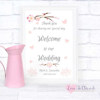 Cherry Blossom & Pink Hearts - Welcome To Our Wedding Sign