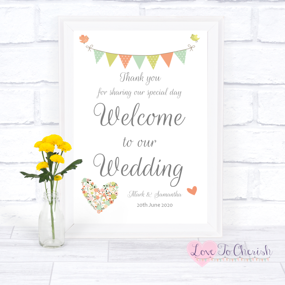 Shabby Chic Flower Heart & Bunting  - Welcome To Our Wedding Sign