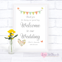Shabby Chic Flower Heart & Bunting  - Welcome To Our Wedding Sign