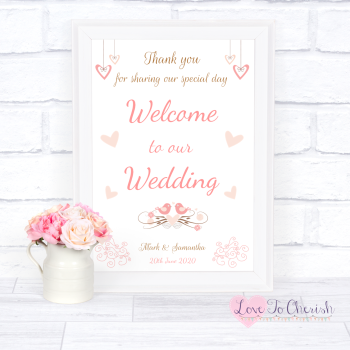 Shabby Chic Hanging Hearts & Love Birds - Welcome To Our Wedding Sign