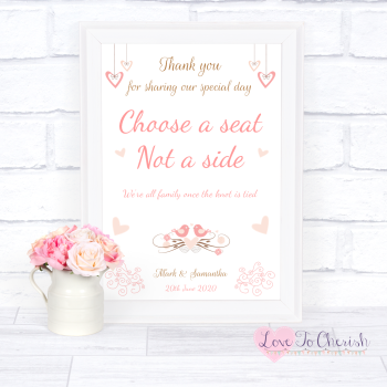 Shabby Chic Hanging Hearts & Love Birds - Choose A Seat Not A Side - Wedding Sign
